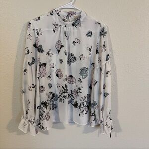 LOFT Blouse Mock Neck Top White Floral Flowers Long Sleeve Women’s Sz M